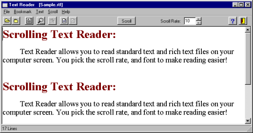 An animated screen shot of the Text Reader window showing how it automatically scrolls the text.